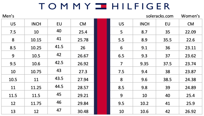 Tommy hilfiger men's dress shirt size chart