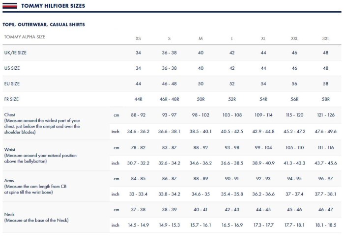 Tommy hilfiger men's dress shirt size chart